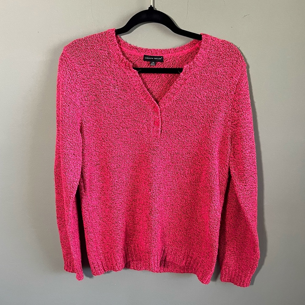 Carolyn Taylor Women's L Hot Pink Chic Henley Textured Knit Sweater, Size Large